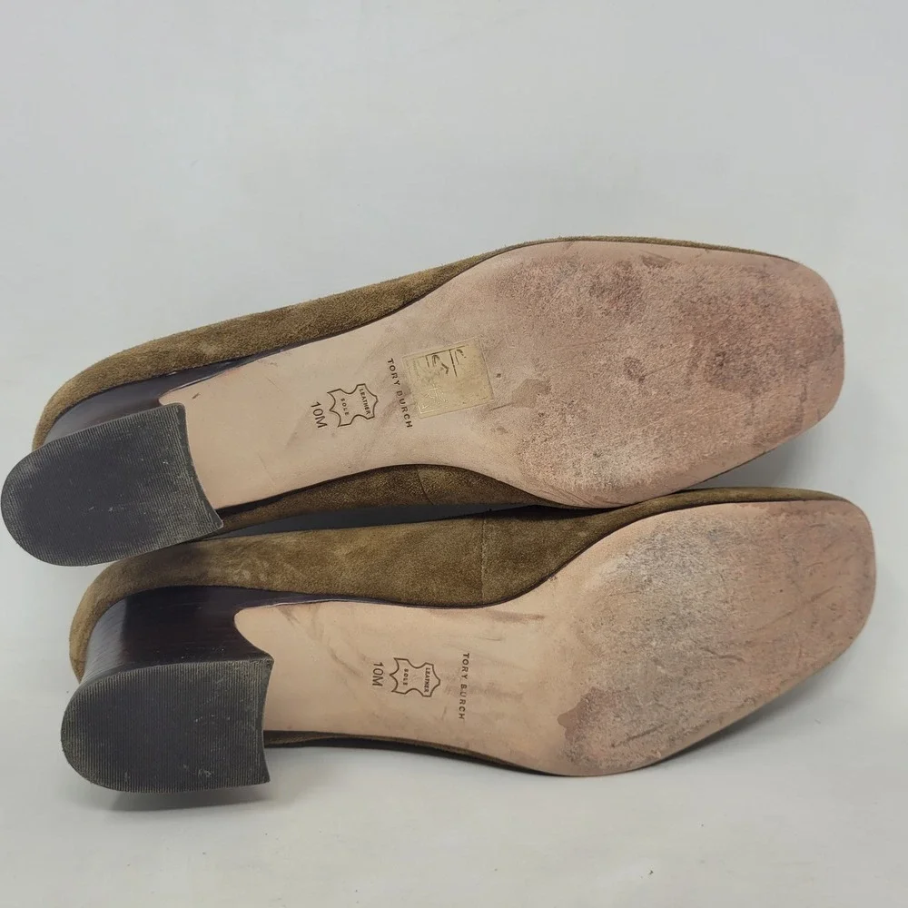 Tory Burch Heels 10M Brown Green Suede Medallion Pumps Block Heel Office Work